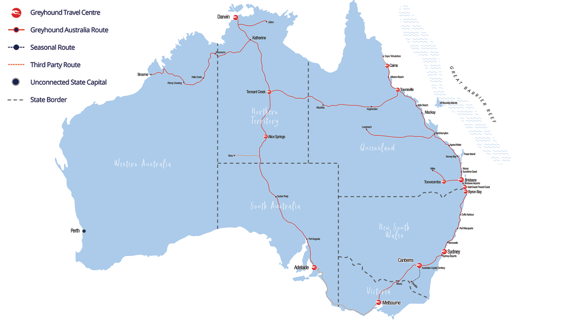 Rutenetværket for Greyhound i Australien
