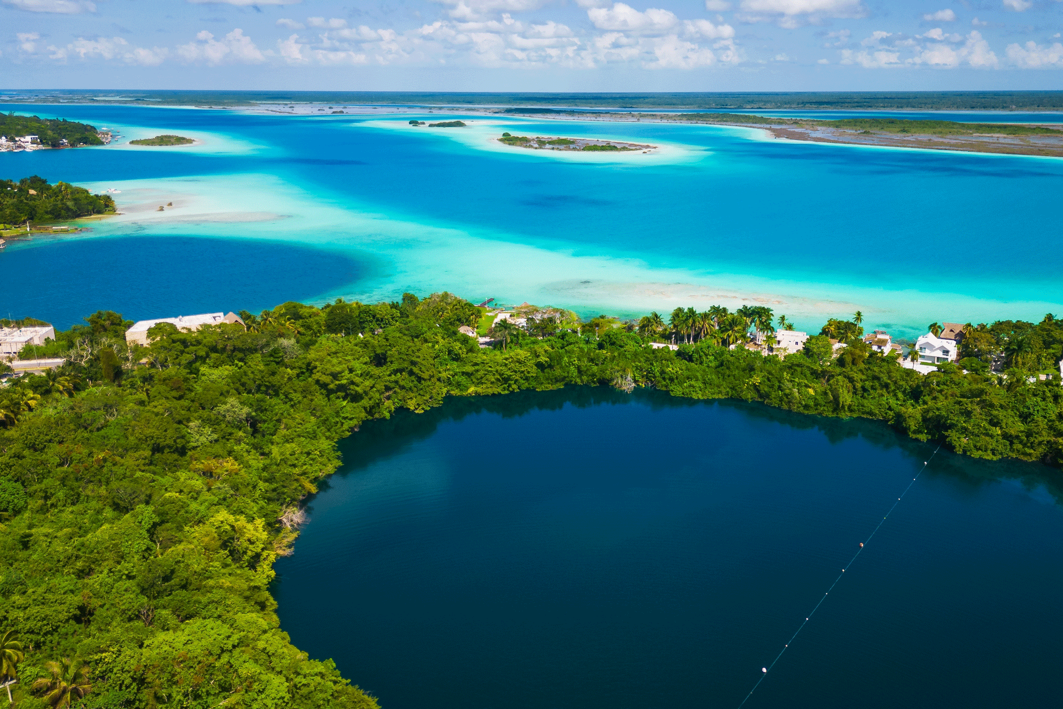 En stor, blå sø med små øer i. 