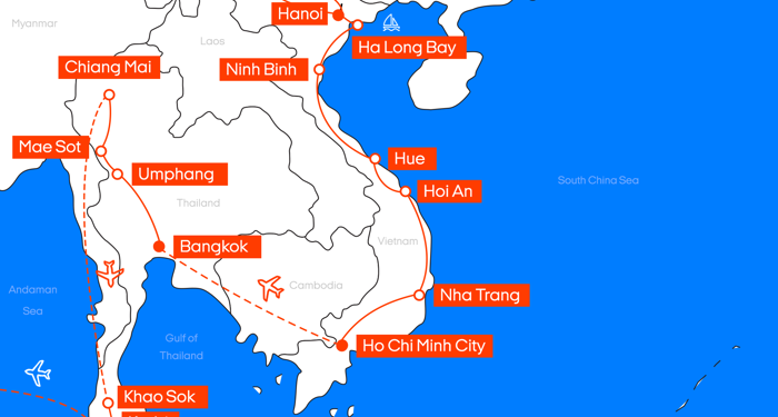Kort over rejseruten til Vietnam og Thailand