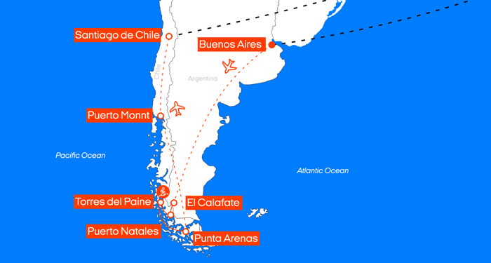 Kort over rejseforslaget: Udforsk Patagonien