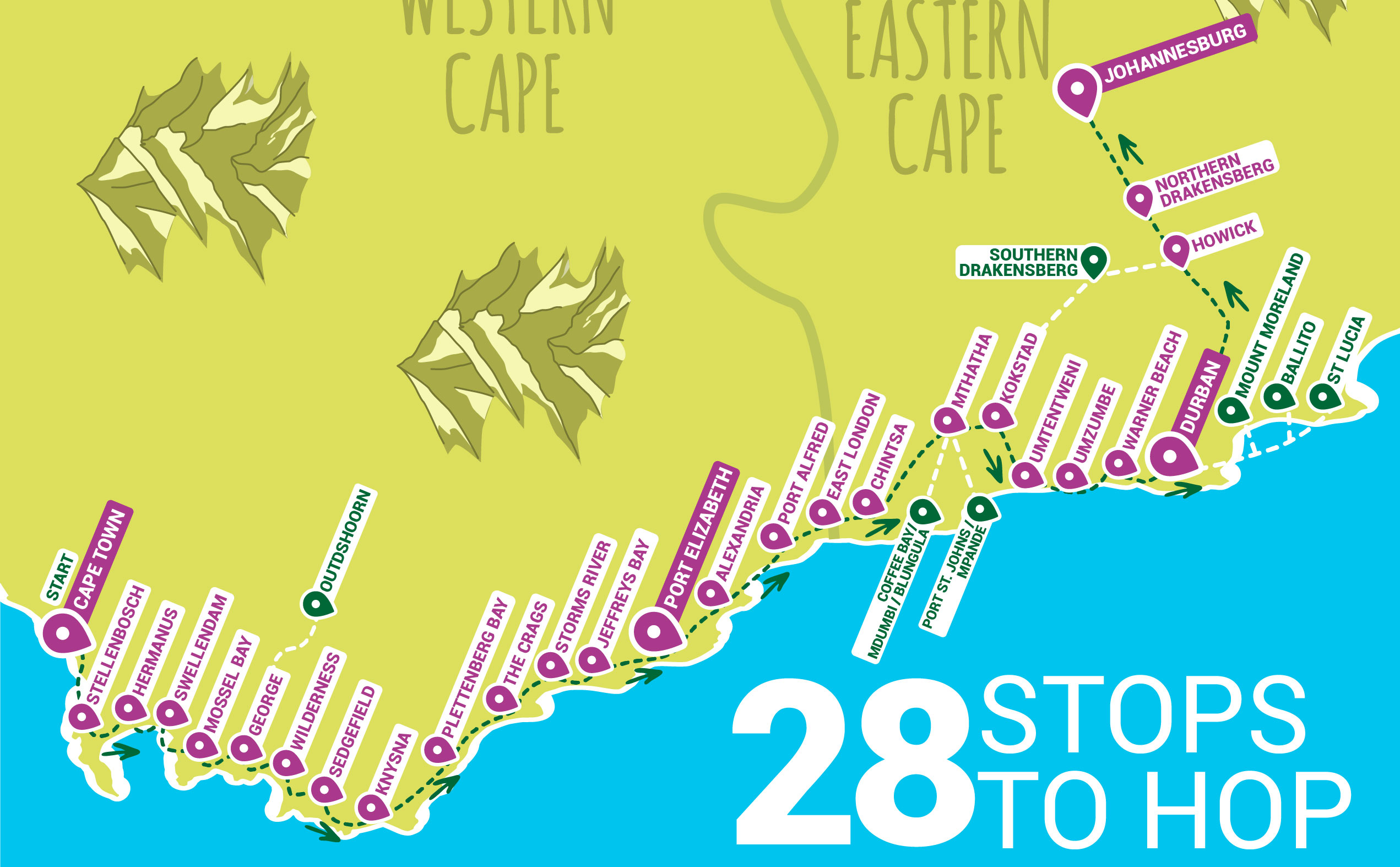 Kort over Baz Buz ruten i Sydafrika