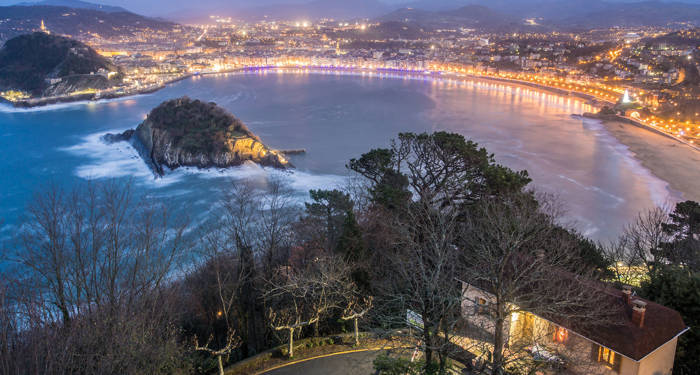 Spain San Sebastian Coastline By Night