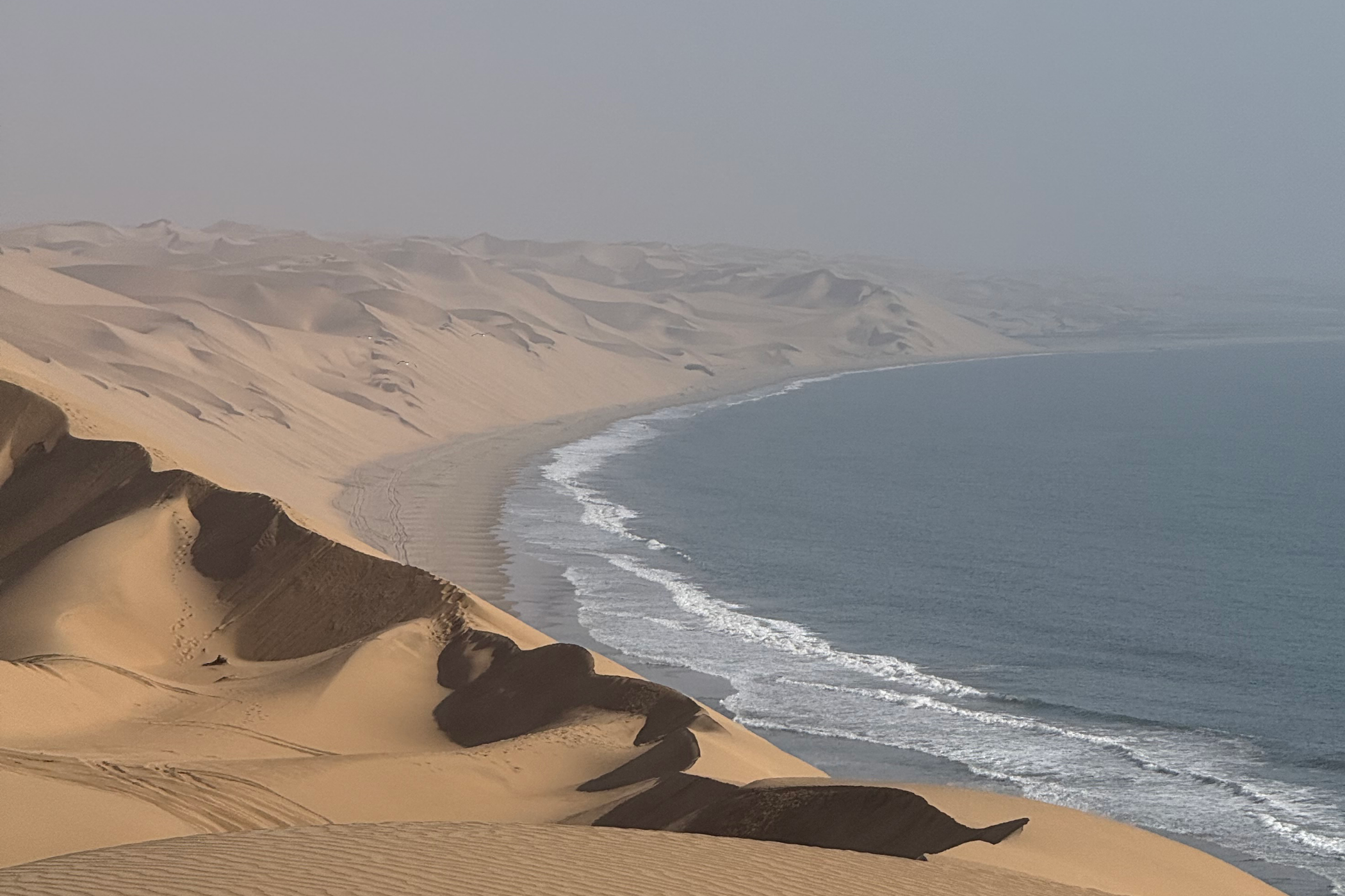 Kysttrækning i Namibia. Der er sandduner ud til vandet. 
