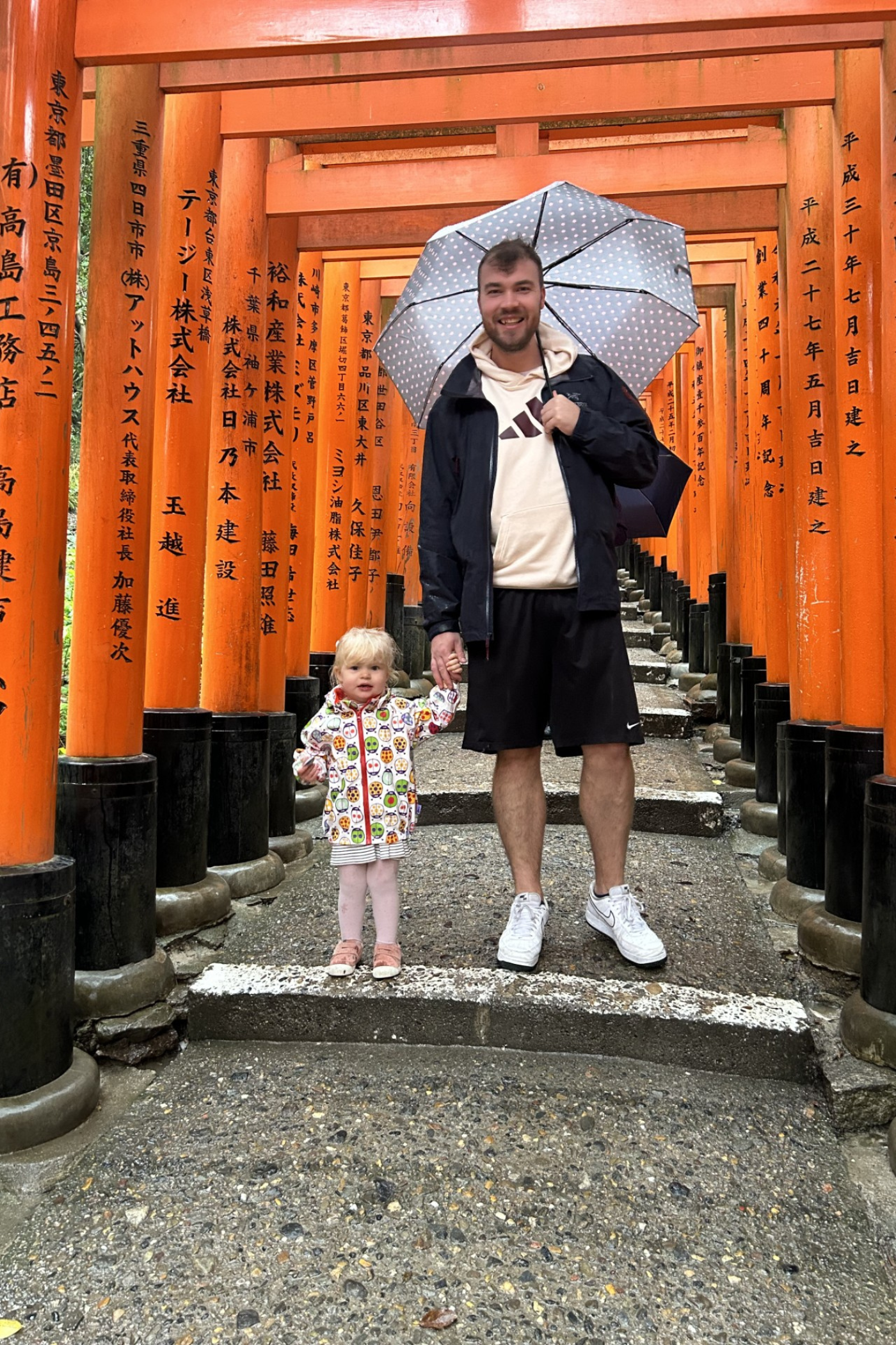 Mand sammen med et lille barn ved Fushimi Inari Shrine i Kyoto. 
