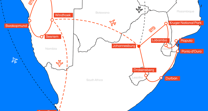 Kort over rejserute i Sydafrika, Eswatini, Mozambique, Lesotho & Namibia