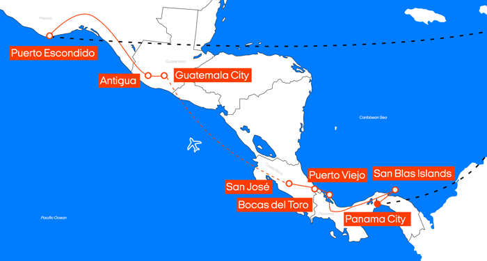 Kort over ruten gennem Central Amerika | KILROY