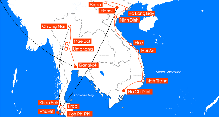 Kort over ruten igennem Thailand & Vietnam | KILROY