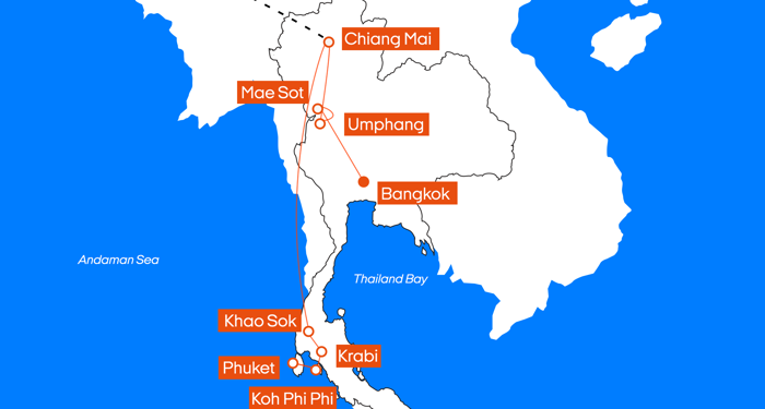 Kort over grupperejse til Thailand