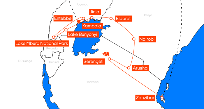 Kort over ruten: Dyreliv i Uganda & sandstrand i Zanzibar